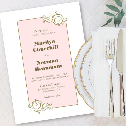 Invitation Mariage rose cadre doré moderne