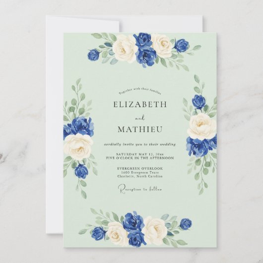 Invitation Mariage Rose Céladon Cobalt (Devant)