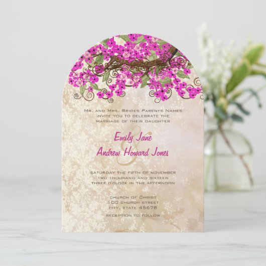 Invitation Mariage rose Cerisier Fleur Thé Tige Invite (Debout devant)
