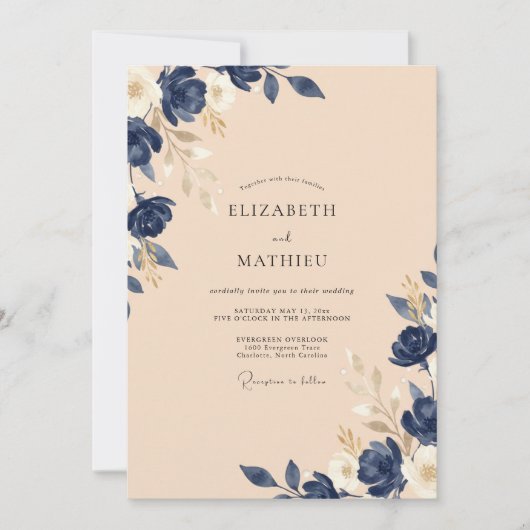Invitation Mariage Rose Champagne Navy (Devant)