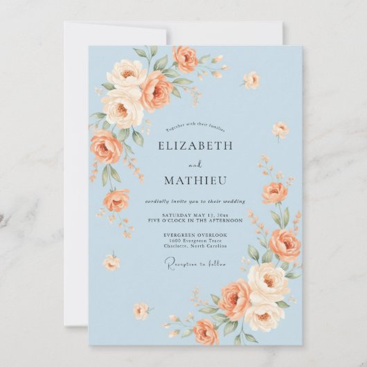 Invitation Mariage Rose Charmante Bleu Clair (Devant)
