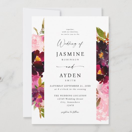 Invitation Mariage rose chaud et bleu rose et violet V3 (Devant)