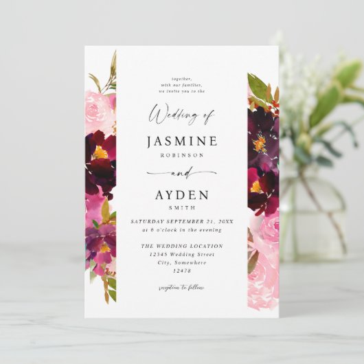 Invitation Mariage rose chaud et bleu rose et violet V3 (Debout devant)