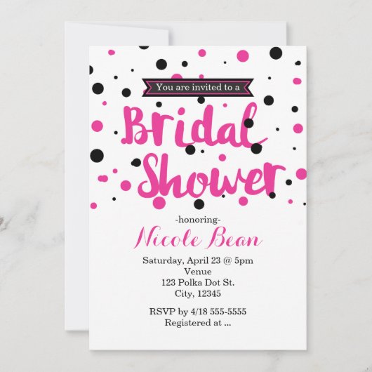 Invitation Mariage Rose Chaud et Noir à Points BRIDAL SHOWER (Devant)