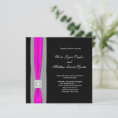 Invitation Mariage Rose Chaude Noir Fuchsia Ruban (Debout devant)
