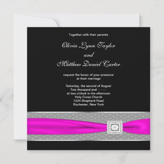 Invitation Mariage Rose Chaude Noir Fuchsia Ruban (Devant)