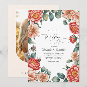 Invitation Mariage Rose Corail, Abricot Rosé et Menthe Douce