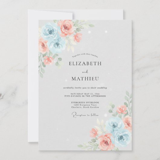 Invitation Mariage Rose Corail Bleu Poudré (Devant)