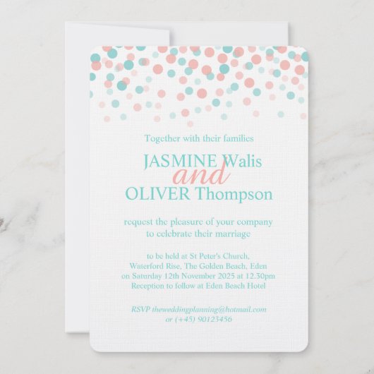 Invitation Mariage rose corail et bleu turquoise vert (Dos)