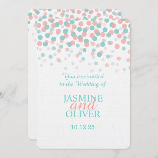 Invitation Mariage rose corail et bleu turquoise vert (Devant / Derrière)