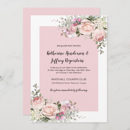 Invitation Mariage Rose couleur rose et crème (Devant / Derrière)