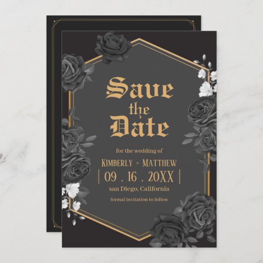 Invitation Mariage rose damas noir Save The Date (Devant / Derrière)