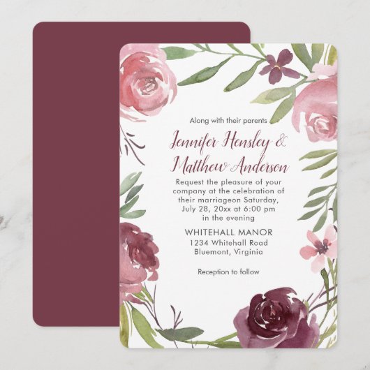 Invitation Mariage Rose d'aquarelle bordeaux et rose | (Devant / Derrière)