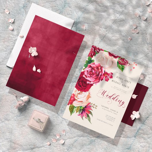 Invitation Mariage rose de Bourgogne/Crème ID584