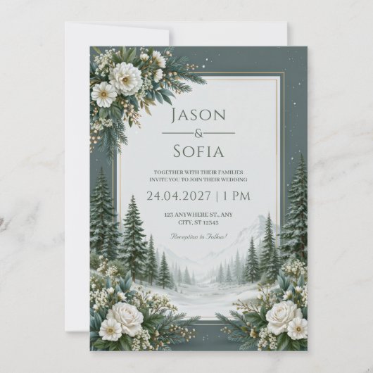 Invitation Mariage Rose de Pin enneigée (Devant)