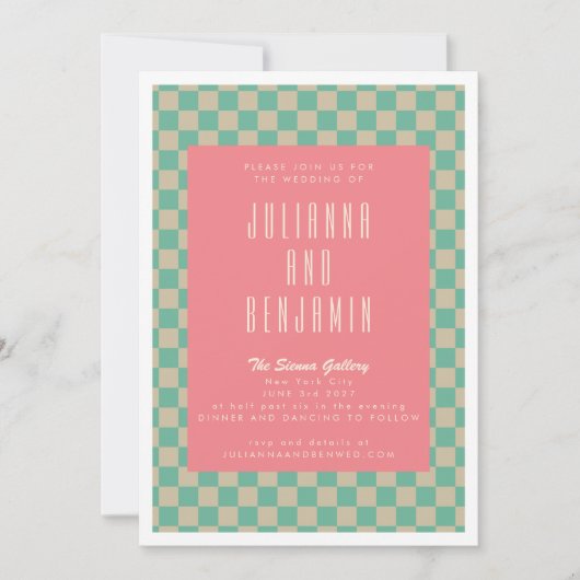 Invitation Mariage rose de table en damier esthétique rétro (Devant)