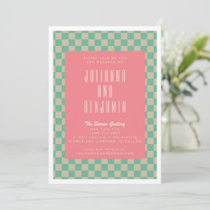 Invitation Mariage rose de table en damier esthétique rétro
