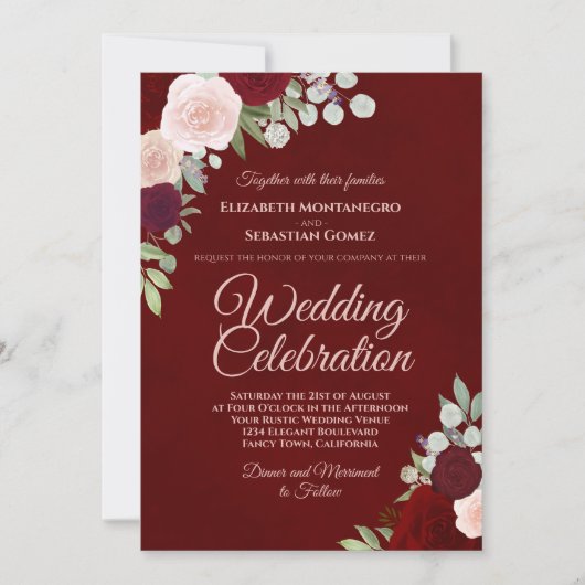 Invitation Mariage Rose Deep Burgundy Red & Blush Boho (Devant)