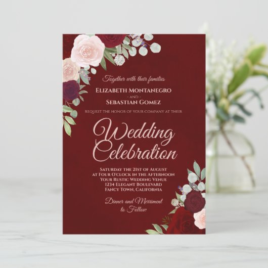 Invitation Mariage Rose Deep Burgundy Red & Blush Boho (Debout devant)