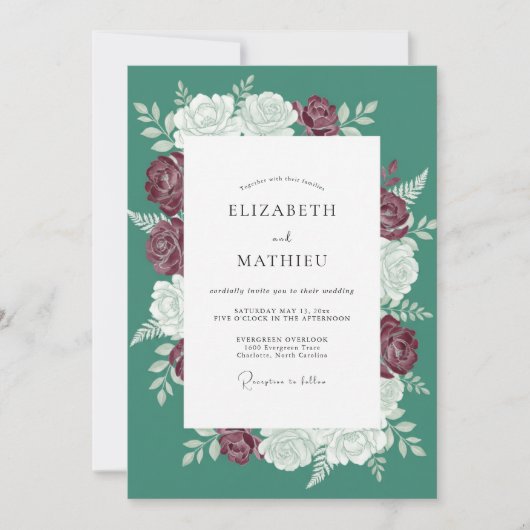 Invitation Mariage Rose d'Hiver Opulent Sarcelle (Devant)