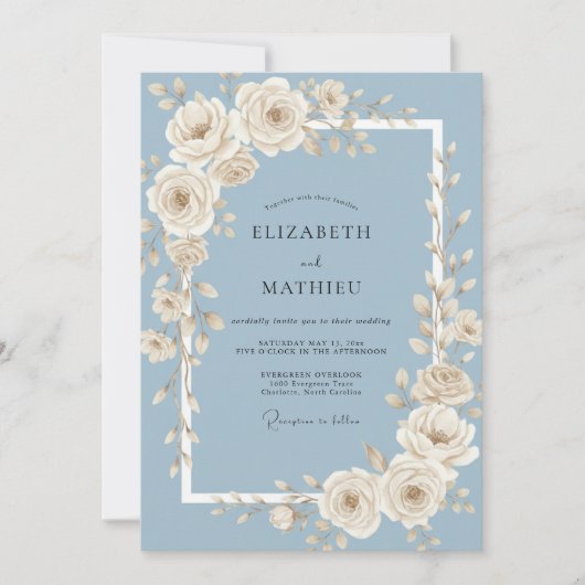 Invitation Mariage Rose d'Ivoire Bleu Acier (Devant)