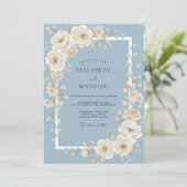 Invitation Mariage Rose d'Ivoire Bleu Acier (Debout devant)
