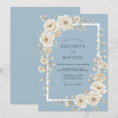 Invitation Mariage Rose d'Ivoire Bleu Acier (Devant / Derrière)