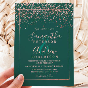 Invitation mariage rose d'or confetti émeraude verte