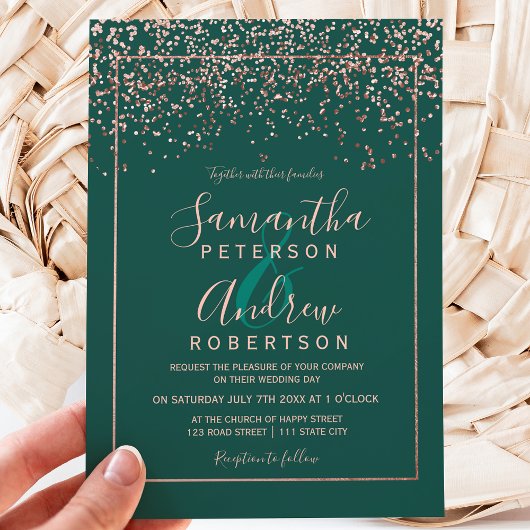 Invitation mariage rose d'or confetti émeraude verte