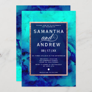 Invitation Mariage rose d'or d'aquarelle bleue moderne de