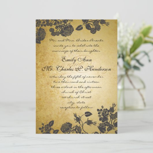 Invitation Mariage rose d'or et de Rose noir (Debout devant)