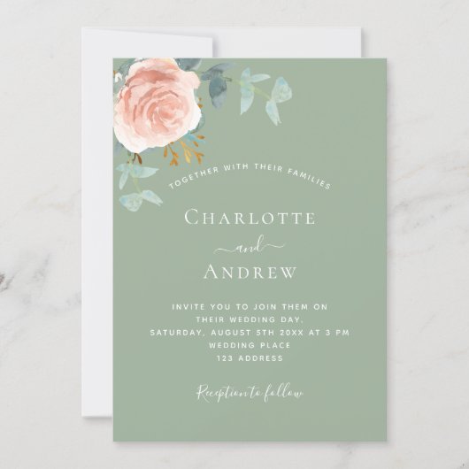 Invitation Mariage rose doré vert Sage  (Devant)