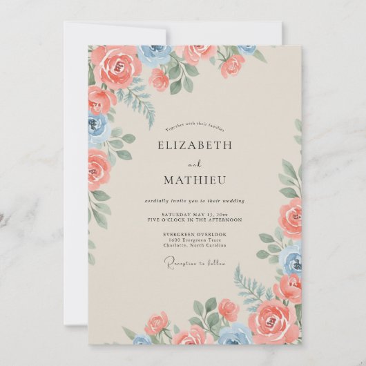 Invitation Mariage Rose Douce Azur Corail (Devant)