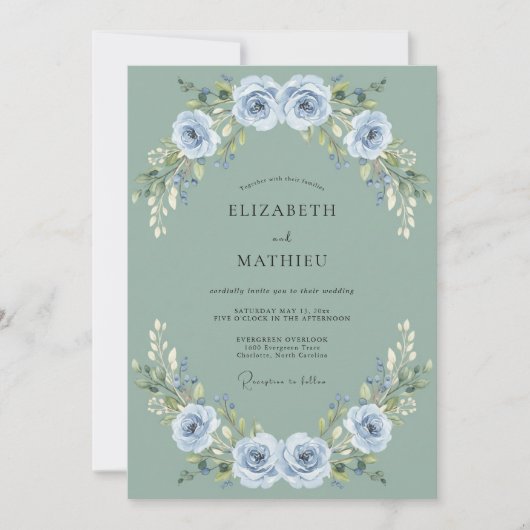 Invitation Mariage Rose Douce Bleu Acier (Devant)