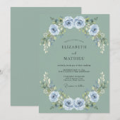Invitation Mariage Rose Douce Bleu Acier (Devant / Derrière)