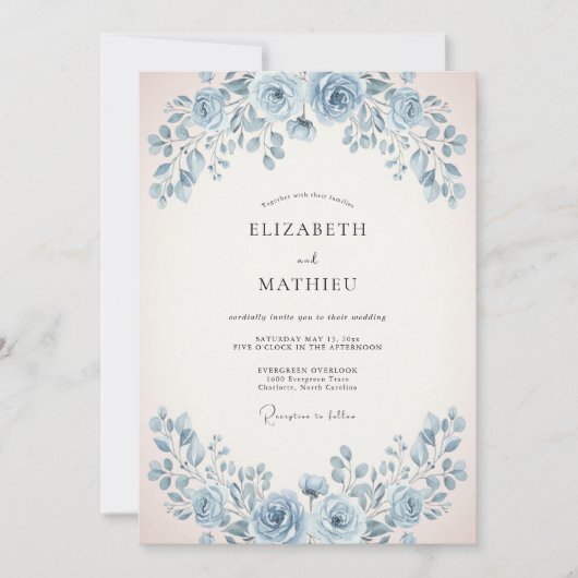 Invitation Mariage Rose Douce Bleu Poudre (Devant)