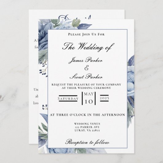 Invitation Mariage Rose Dusty Blue (Devant / Derrière)