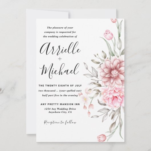 Invitation Mariage rose Dusty Rose de verdure (Devant)