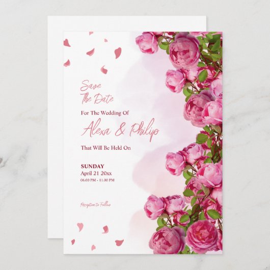 Invitation Mariage rose Elegant Fleurs (Devant / Derrière)