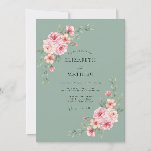 Invitation Mariage Rose Élégante Vert Sauge (Devant)
