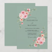 Invitation Mariage Rose Élégante Vert Sauge (Devant / Derrière)