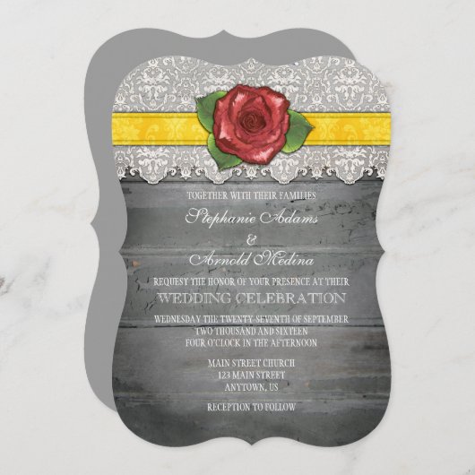 Invitation Mariage Rose en bois rustique gris jaune Inviter (Devant / Derrière)