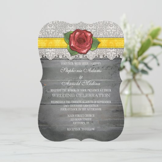 Invitation Mariage Rose en bois rustique gris jaune Inviter (Debout devant)