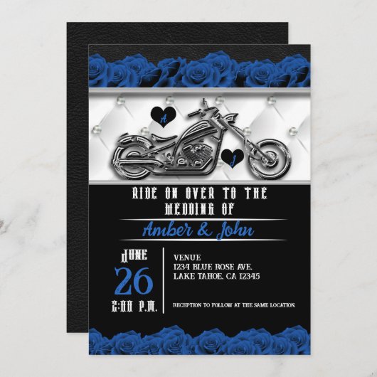 Invitation Mariage Rose en cuir bleu moto (Devant / Derrière)