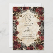 Invitation Mariage Rose en dentelle noire et rouge foncé (Devant)