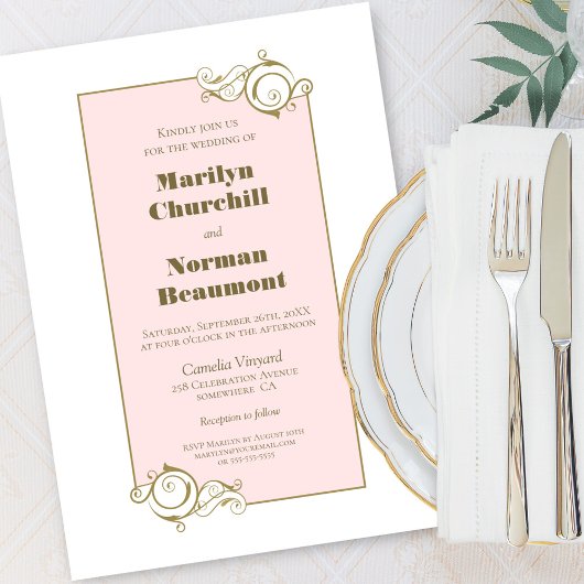 Invitation Mariage rose encadré or moderne