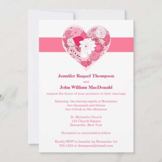 Invitation Mariage | Rose et blanc | Floral | Coeur (Devant)