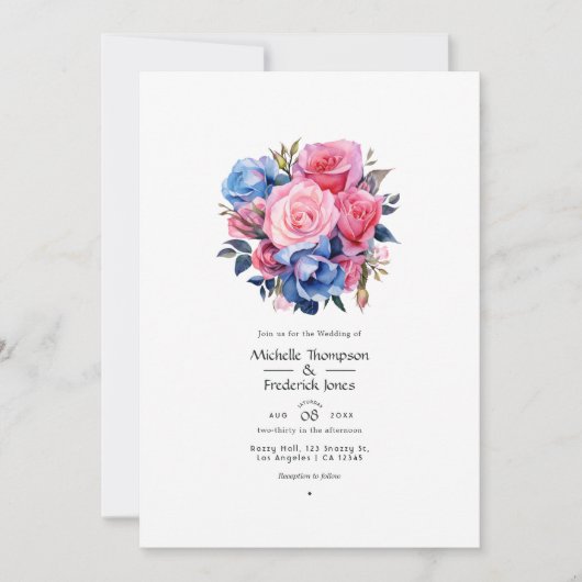 Invitation Mariage rose et bleu (Devant)