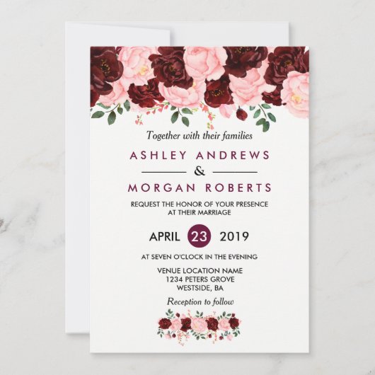 Invitation Mariage rose et bordeaux d'aquarelle florale Invit (Devant)