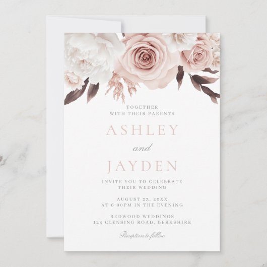 Invitation Mariage Rose et Fleurs blanches (Devant)